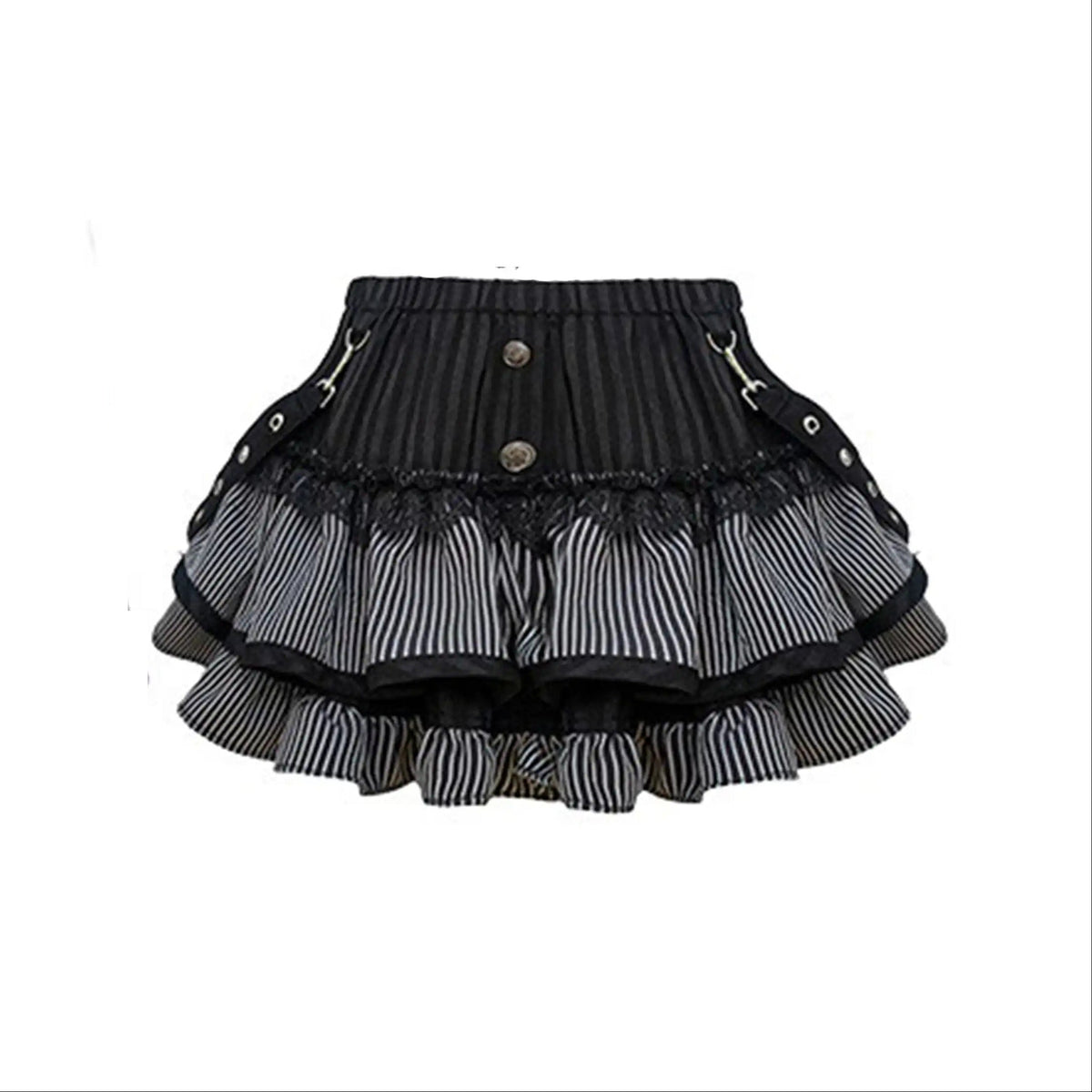Black and white striped ruffled skirt with a buttoned front and side grommet details, shown against a plain white background.