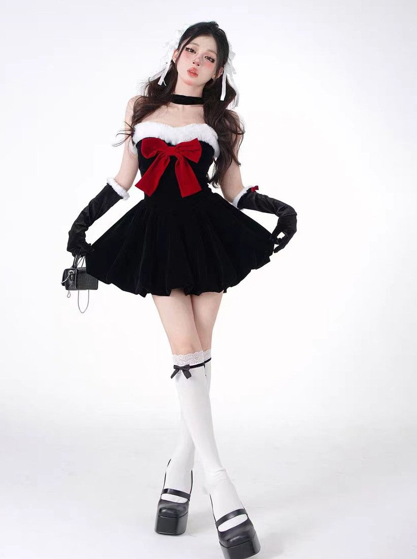 Young Eyes Winter Red Bow Fur Halter Neck Strapless Little Black Dress - Sugarplum Store