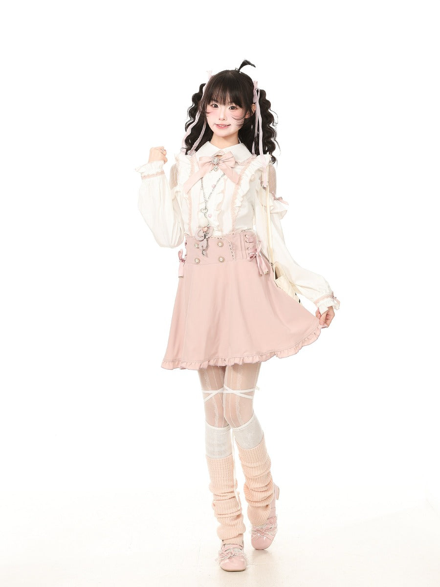 Young Eyes Jirai Kei Pink Skirt White Blouse Two Piece Set