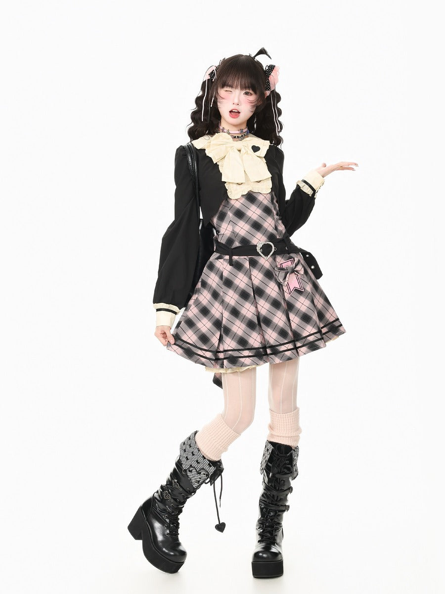Young Eyes Love Elite Student Black Pink Plaid Dress