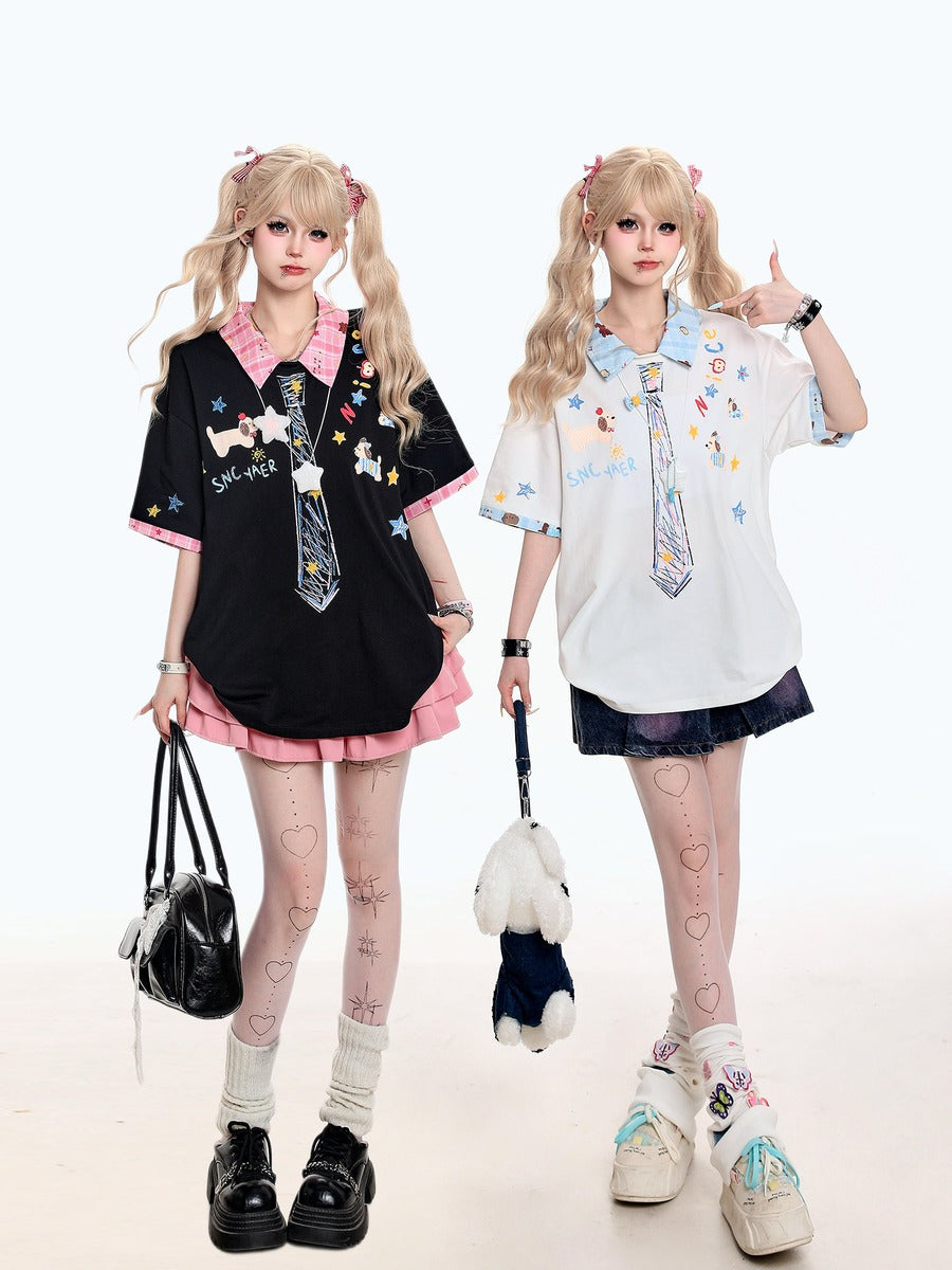 Two people in matching outfits with black and white tops, skirts, and accessories on a white background.