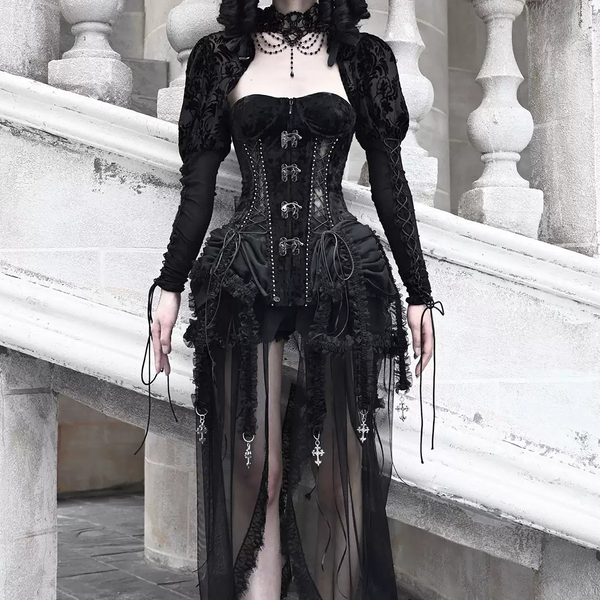 black gothic corset dress Prom Sheath Corset Lace Ruched Victorian Medieval Black lace corset dress with tiered ruffles and cross detail  perfect for gothic Blood Supply Hell Alice Halloween