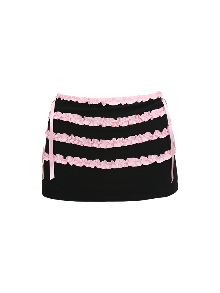 Lucia Balletcore Elegant Coquette Pink Black Lace Top Hooded Short Mini Skirt Two Piece Set - Sugarplum Store