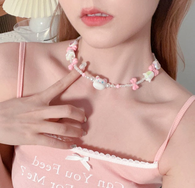 Pink Bow Cute Cat Vintage Pendant Necklace - Sugarplum Store