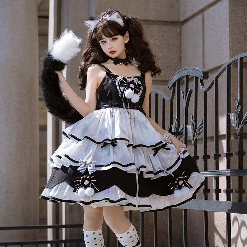 Black & White Cat Paw Maid Outfit Strap Dress Belt Collar Three Piece Sugarplum Store Black & White Cat Paw Maid Outfit Strap Dress Belt Collar Three Piece Sugarplum Store