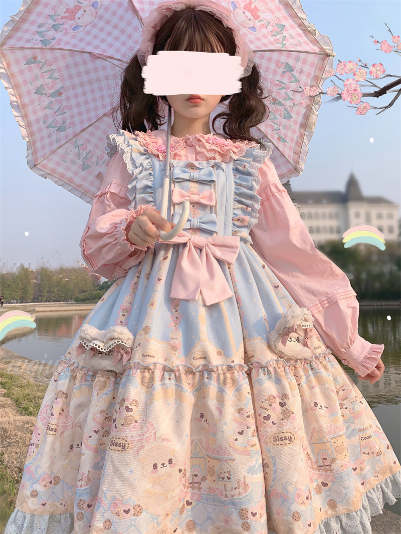 Doll Collar Elegant Lace Pink & White Long Sleeve T Shirt Blouse Top - Sugarplum Store