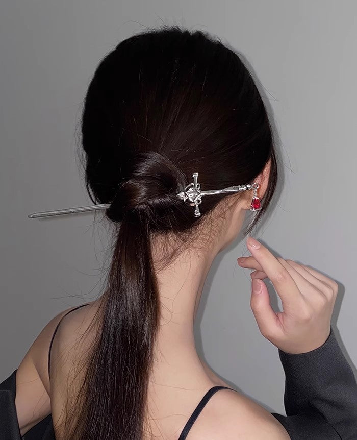 Fantasy Gothic Ancient Sword Girl Silver Red Metal Hairpin Clip Hair Accessories - Sugarplum Store