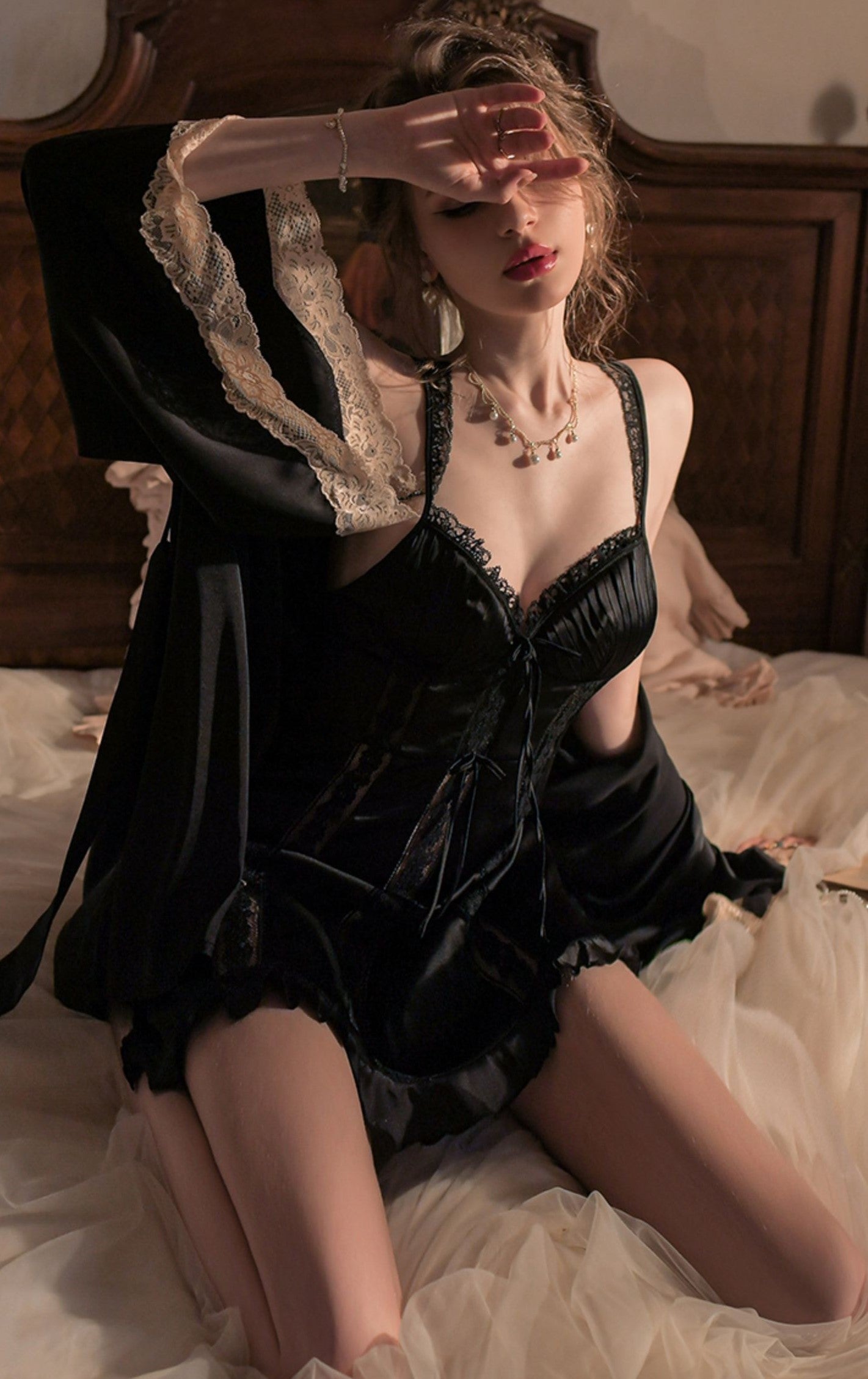 Sexy Elegant Sensual Women See Through Lace Embroidery Pink & Black Pajamas Nightdress Nightgown Robe - Sugarplum Store