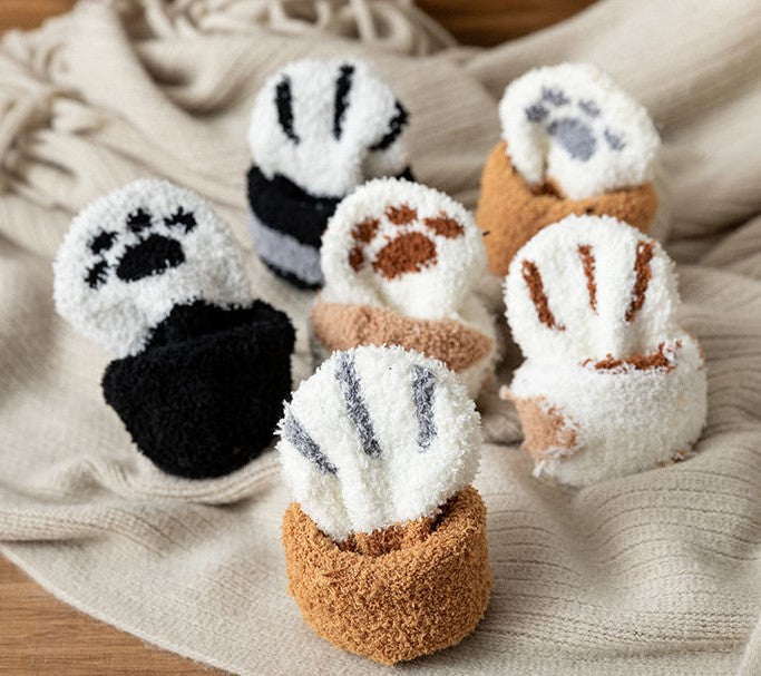 Cute Cat Paw Winter Warm Thick Plush Socks Set - Sugarplum Store