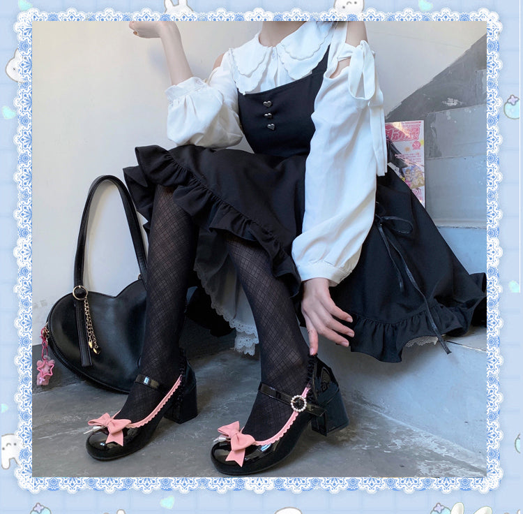 Sweet Cute Mary Jane Lace Black Pink White Red Leather High Heels Shoes - Sugarplum Store