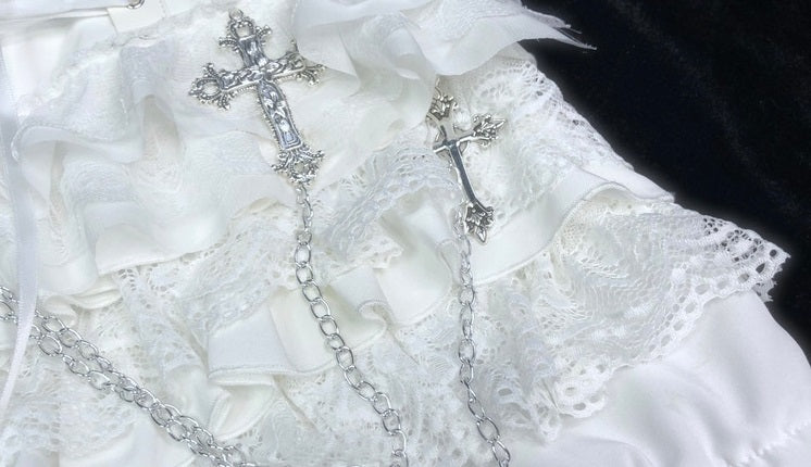 Blood Supply Salvation Gothic Punk Cross Chain White Lace Shorts - Sugarplum Store