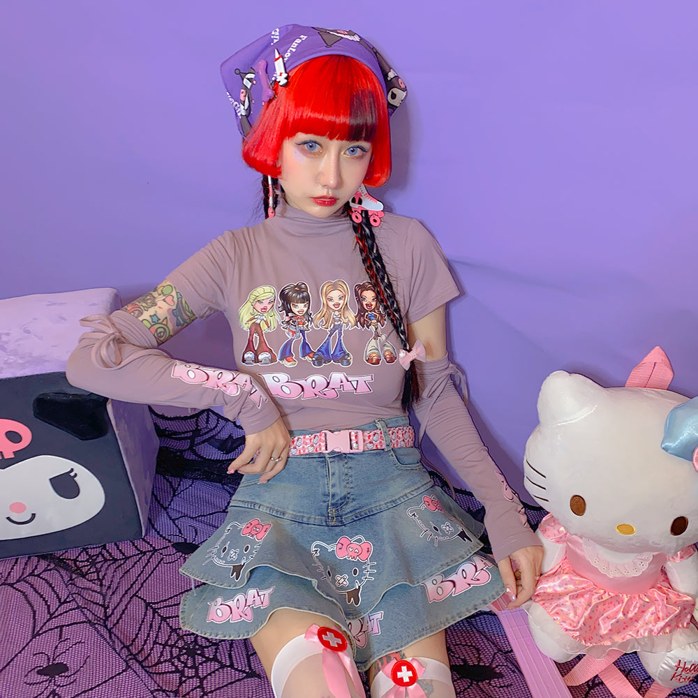 Kitty Cat Pink Street Hiphop Style Y2K Hot Girl Short Denim Cake Skirt - Sugarplum Store