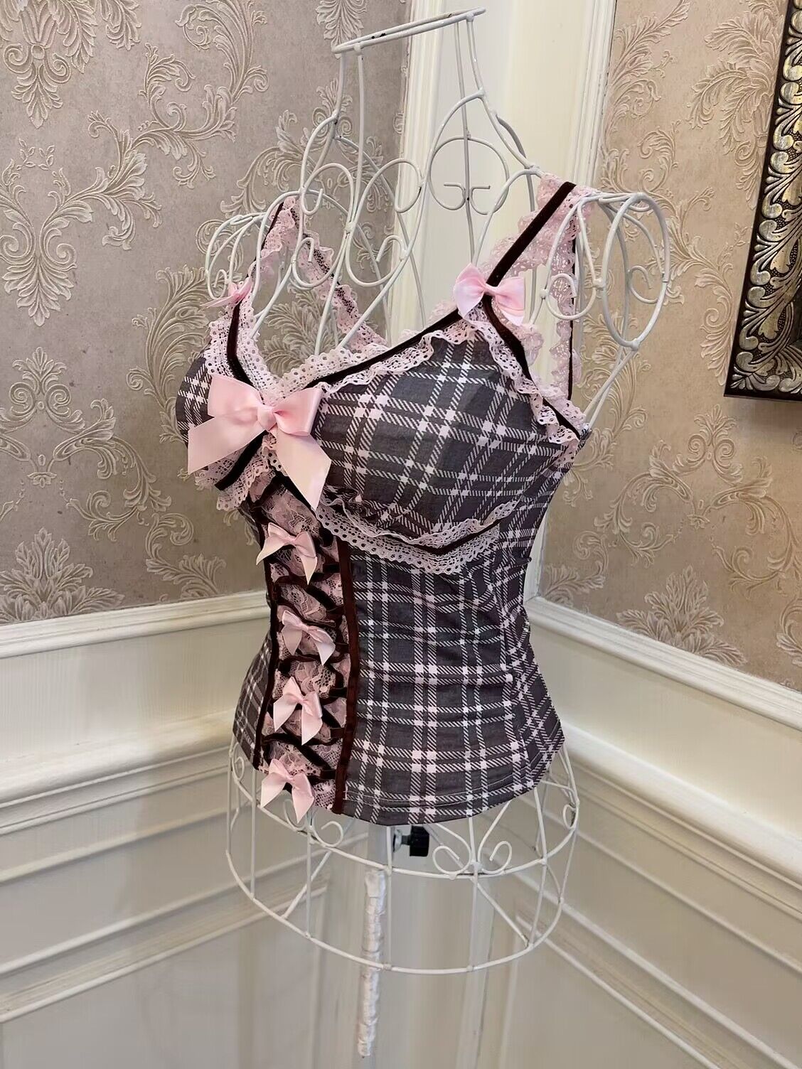 Sweetheart Princess Black Pink Plaid Coquette Camisole Tank Top - Sugarplum Store