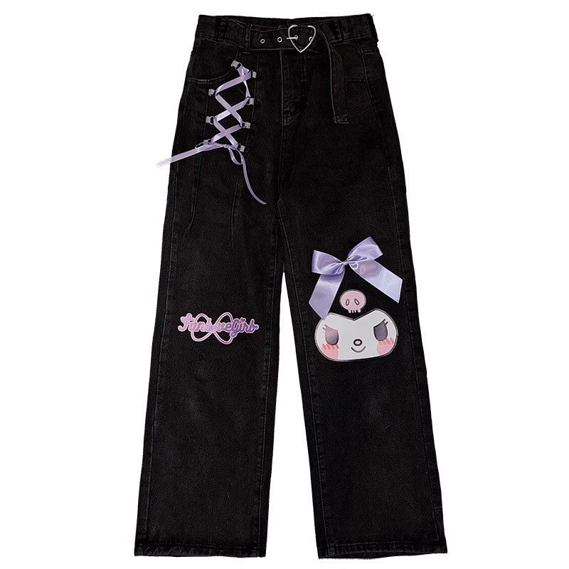 Purple Devil Japanese Harajuku Cute Kawaii Anime Girl Black High Waist Pants Trousers Denim Jeans - Sugarplum Store