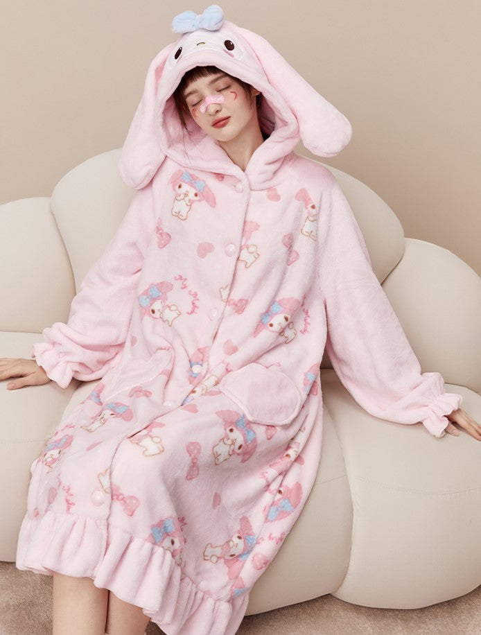Pink Cartoon Melody Plush Coral Fleece Winter Pajamas Hooded Tops & Pants Two Piece - Sugarplum Store