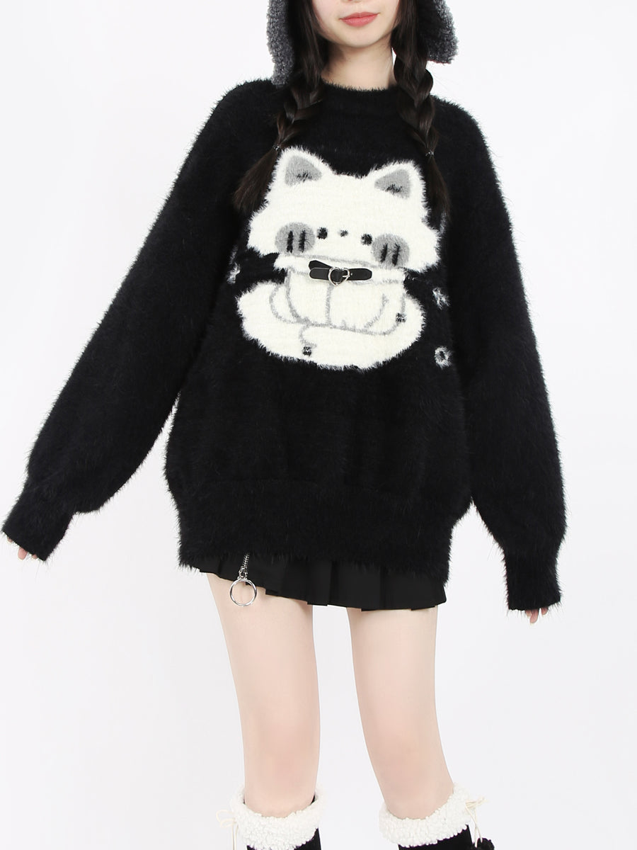 Haunted Night Black Cat Cute Mink Faux Fur Cozy Sweater - Sugarplum Store