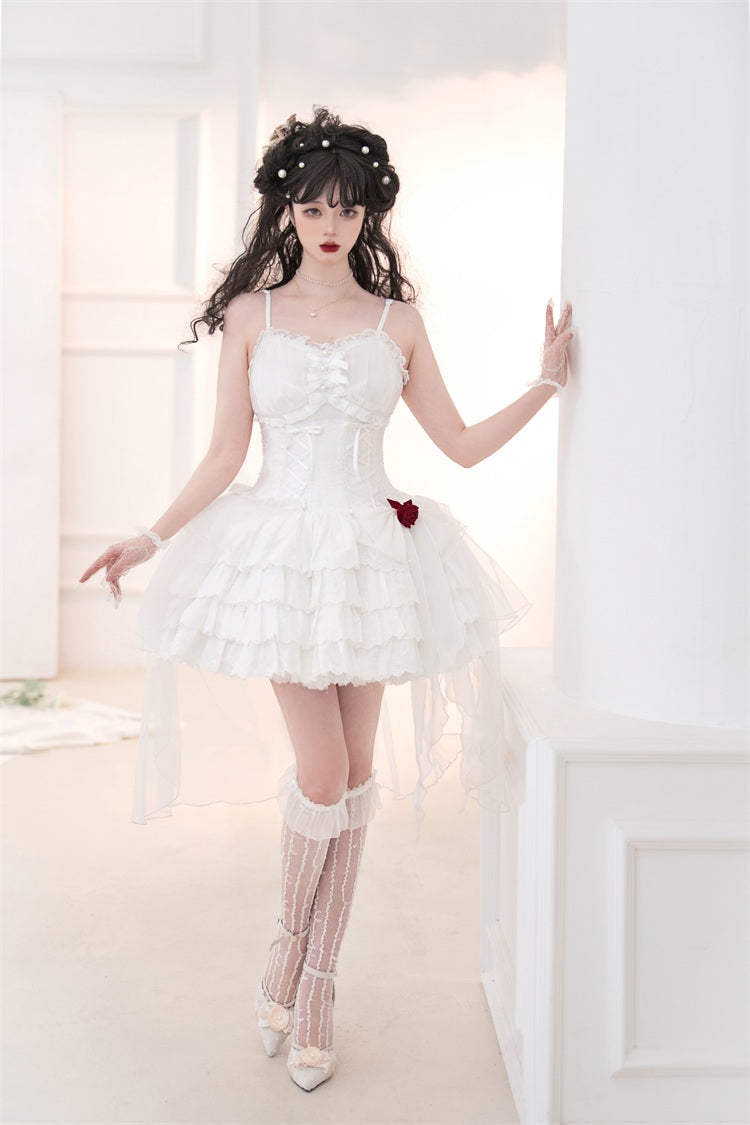 Gothic Black & White Summer Stars Rose Lace Strap Dress - Sugarplum Store