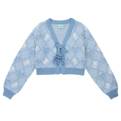 Y2K Jacquard Argyle Pink Blue Knit Cardigan & Denim Skirt & Leg warmers Three Piece Set - Sugarplum Store