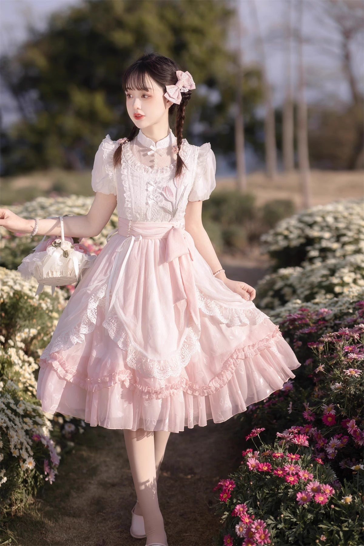 Tulip Princess Floral Flower Fairy Pink White Lace Bow Dollcore Puff Sleeve Dress - Sugarplum Store