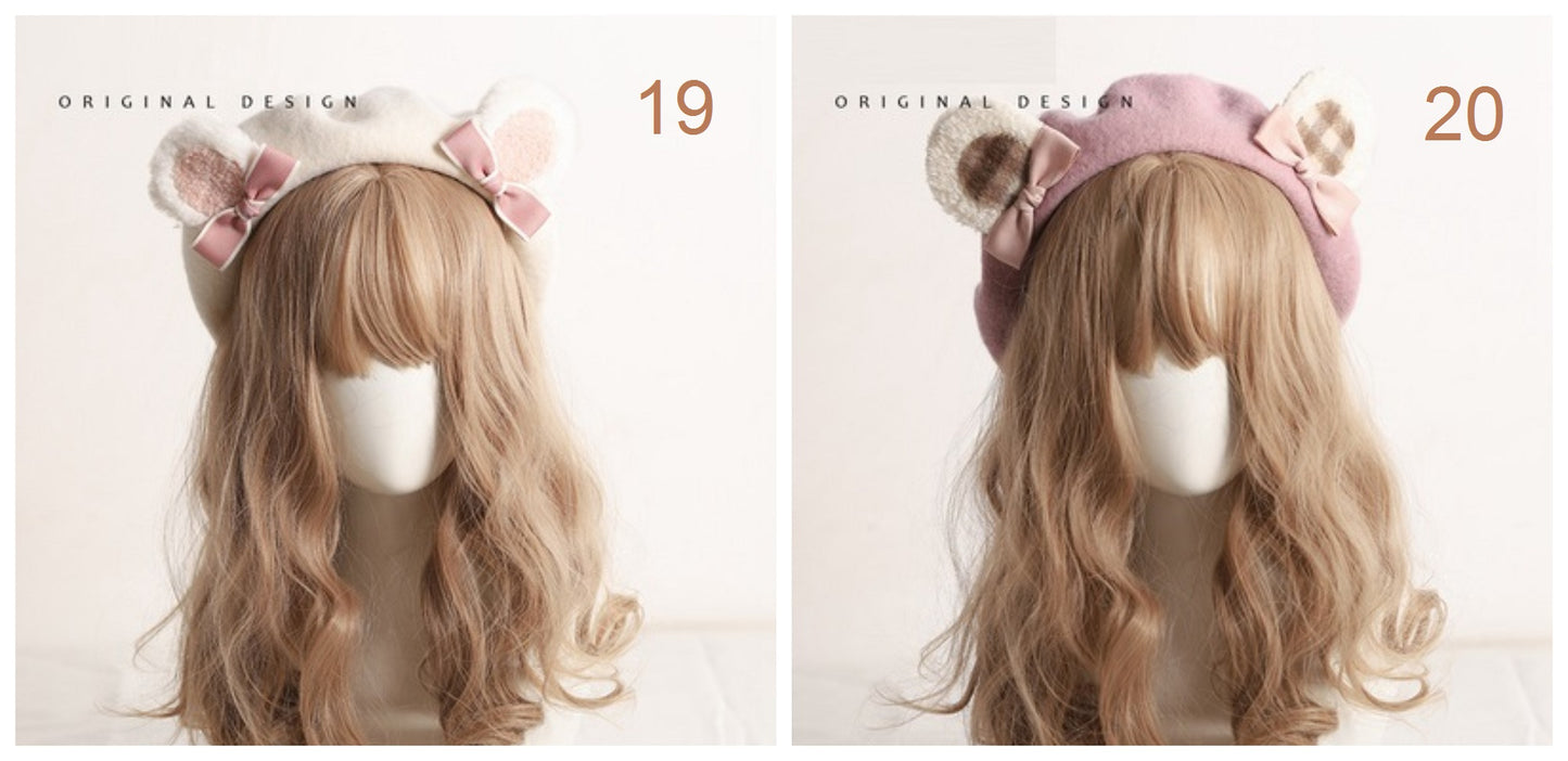 Cute Furry Teddy Bear Ears Bow Beret Hat - Sugarplum Store