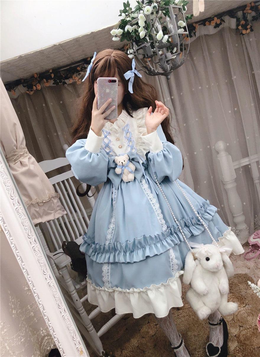 Plus Size Women Doll Chocolate Brown & Sky Blue Long Sleeve Dress - Sugarplum Store