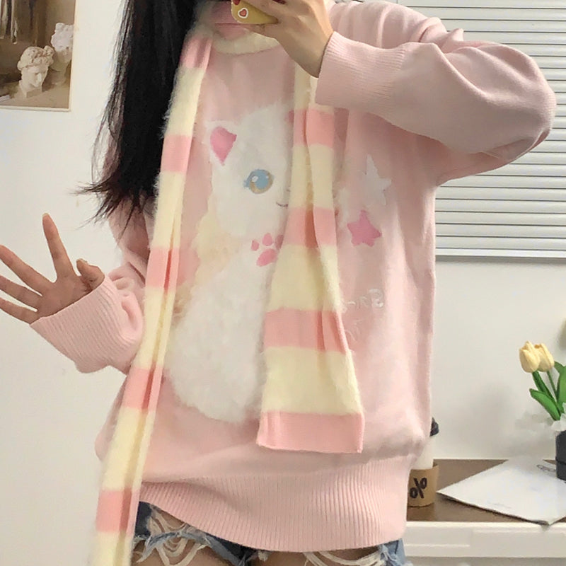 Serendipity Stars Cute Cat Pullover Knitted Embroidery Oversize Sweater - Sugarplum Store