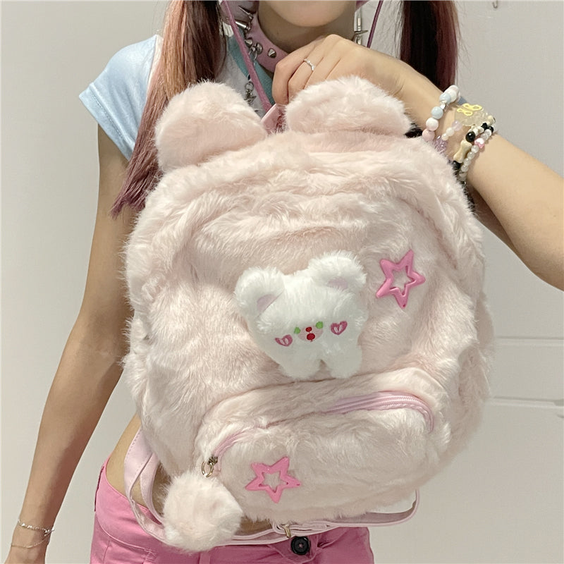 Y2K Bear Cartoon Doll Plush Fluff Cute Mini School Backpack Bag - Sugarplum Store