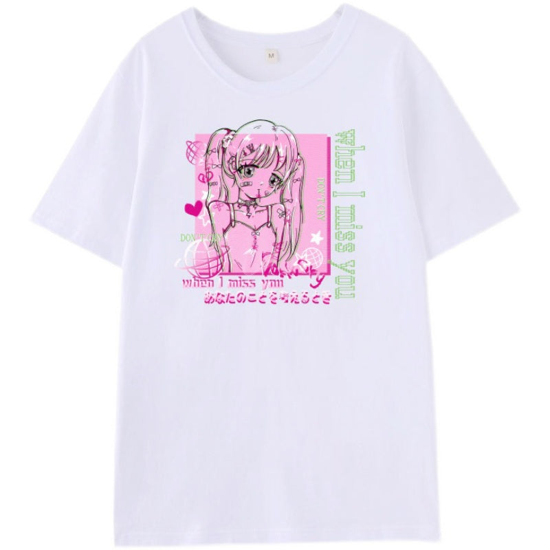 When I Miss You Anime Girl Y2K Print White Oversize T-shirt Tees Top - Sugarplum Store