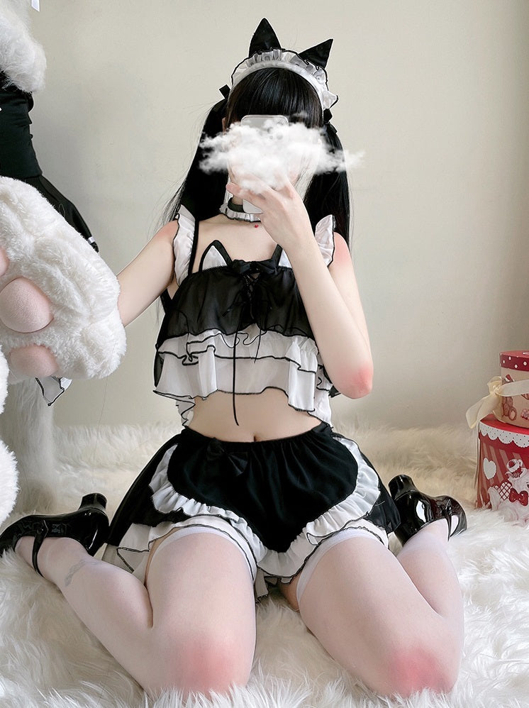 Sexy Maid Cat Girl Cosplay Pink & Black Top Skirt Two Piece Set - Sugarplum Store