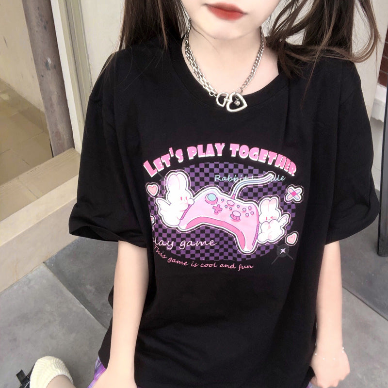 Let's Play Together Rabbit Black White Print Cotton Short Sleeved Oversize T-shirt - Sugarplum Store