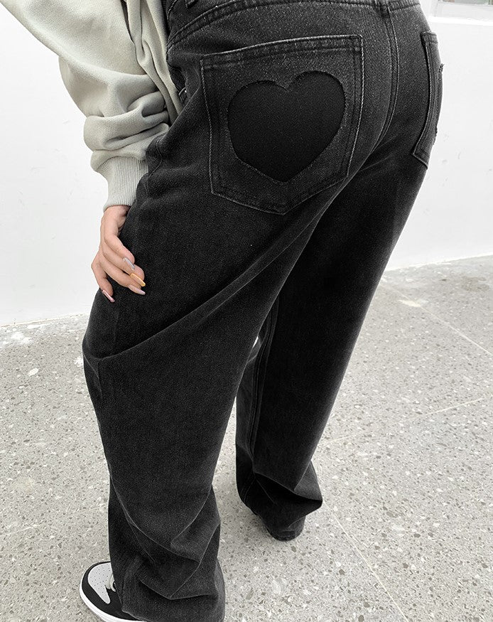 Street Black & Gray Heart High Waist Jeans Pants - Sugarplum Store