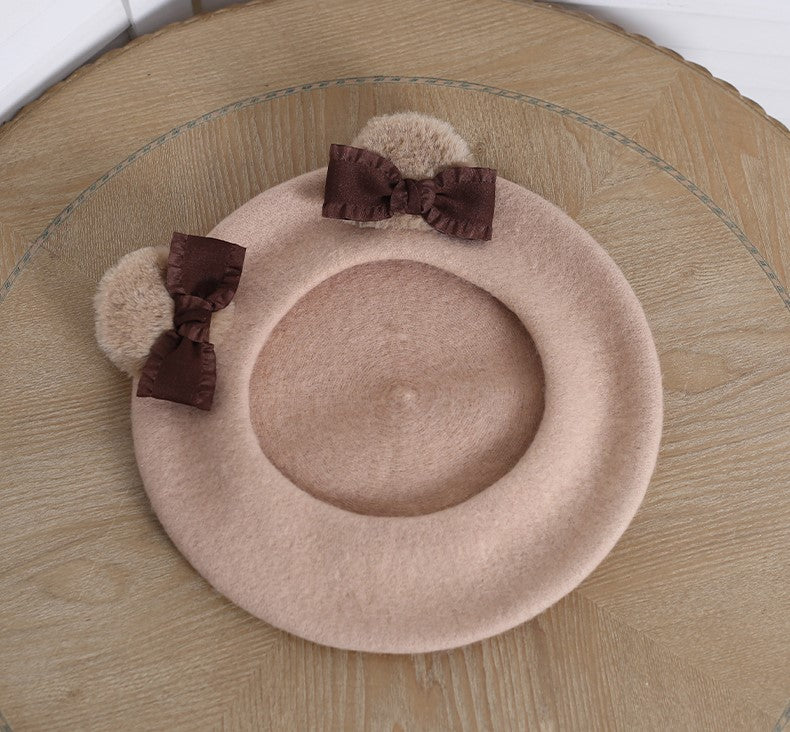Cute Teddy Bear Ears with Bow Painter Beret Hat - Sugarplum Store