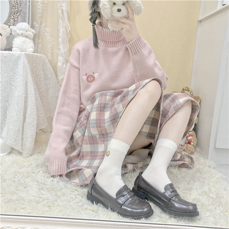 Wool Plaid Pink Blue Stripes Long Elastic Gathered Waist Skirt - Sugarplum Store