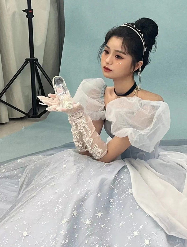 Midnight Cinderella Prom Evening Party Elegant Blue Gown Princess Fairy Puff Sleeve Tube Dress - Sugarplum Store