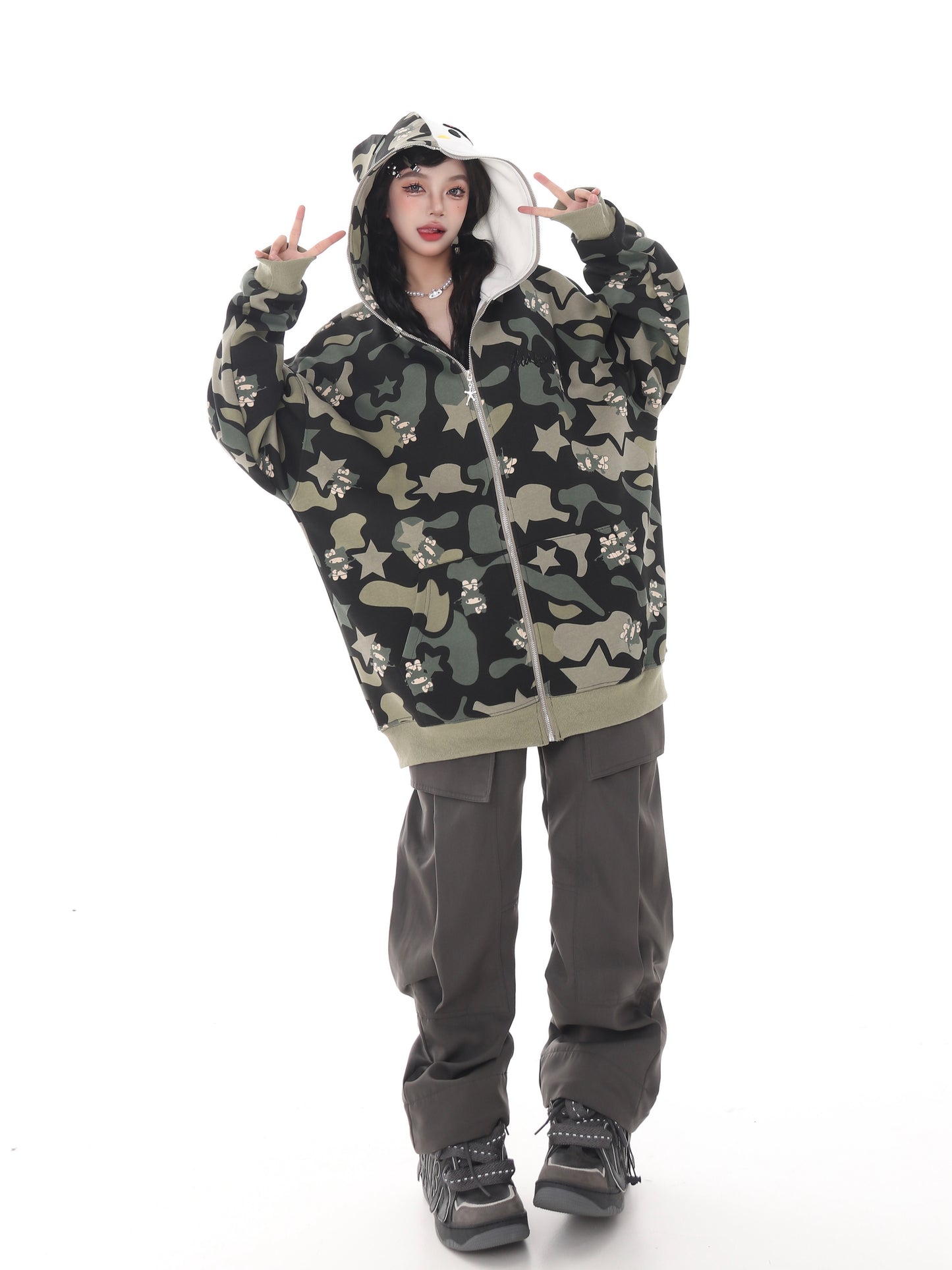 Cute Kitty Cat Print Pink Green Camouflage Y2K Oversize Hoodie Jacket - Sugarplum Store