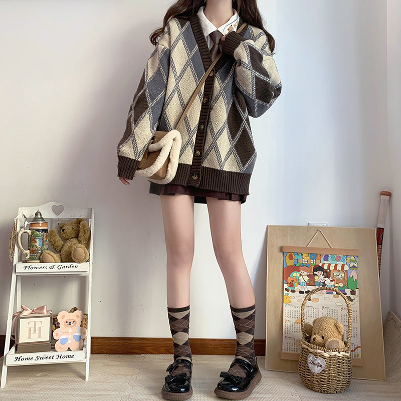 Rhombus Diamond Pattern Brown Cozy Autumn Winter Knit Cardigan - Sugarplum Store