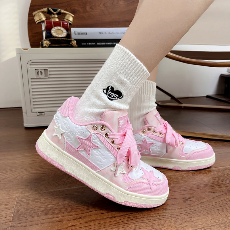 Women Sweet Cute White Pink Star Sneakers Sports Running Shoes - Sugarplum Store