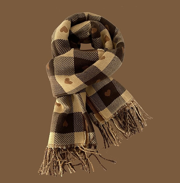 Milk Coffee Cute Brown Black Plaid Hearts Scarf Scarves - Sugarplum Store