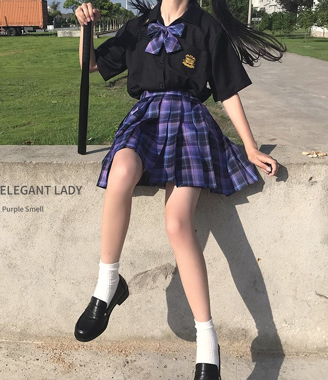 Mystery Dream Black Purple Plaid Pattern Uniform Seifuku Mini Skirt - Sugarplum Store