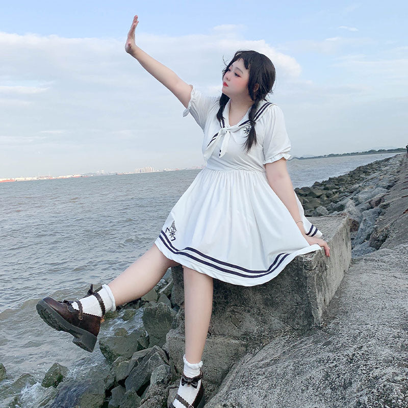 Plus Size Sailor Collar White Navy Blue Summer Dress Shorts Two Piece Set - Sugarplum Store