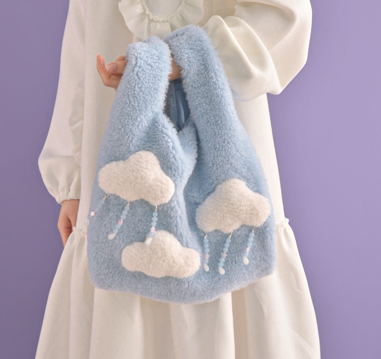 Plush Fluffy Cute Cloud Raindrops Blue Messenger Shoulder Bag & Planet Wallet - Sugarplum Store