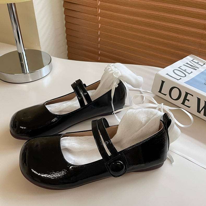 Balletcore Silver White Black Cute Leather Mary Jane Flats Shoes