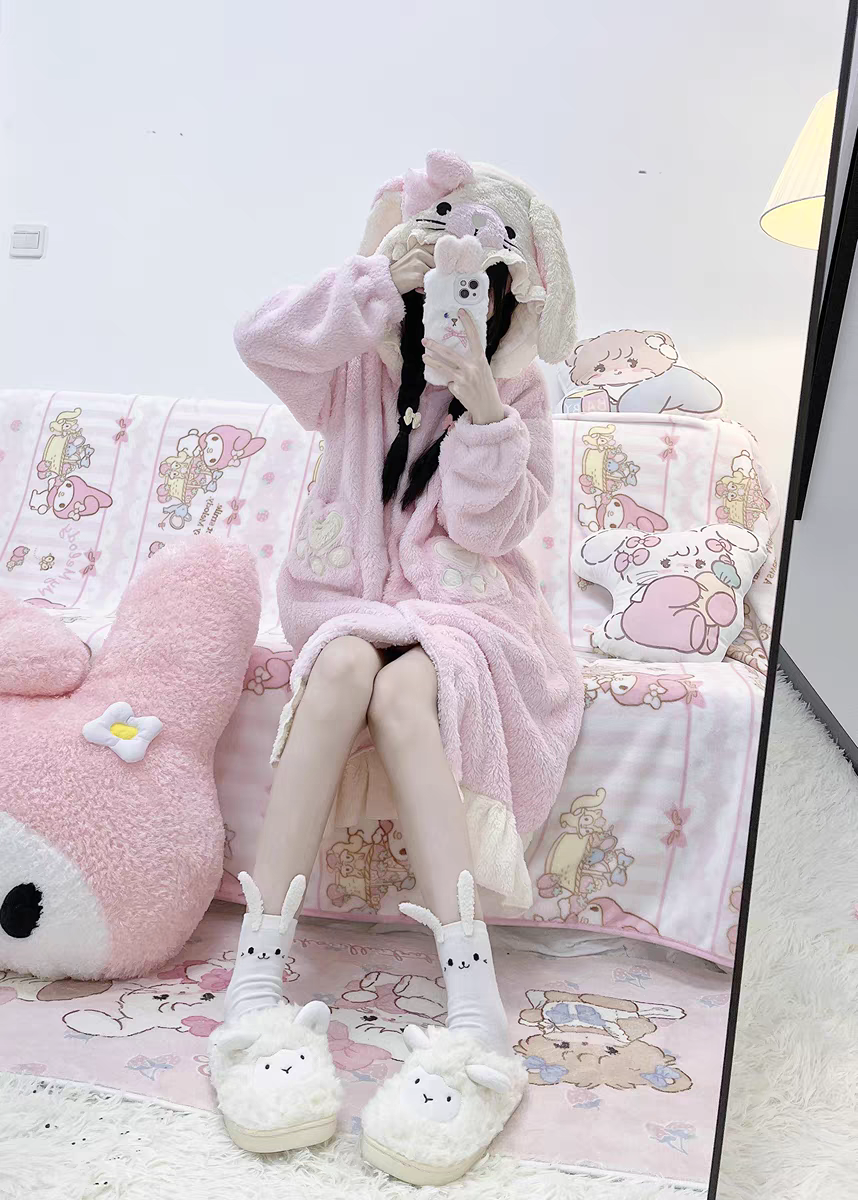 Rabbit Ears Hooded Pink & Brown Thick Warm Winter Bathrobe Nightgown Pajamas Set - Sugarplum Store