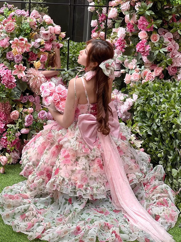 Diamond Sweetheart Pink & Red Southern France Rose Princess Floral Lolita Dress - Sugarplum Store