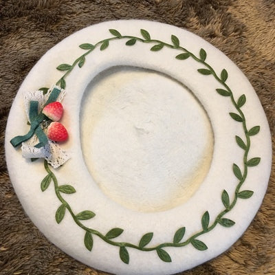 Cute Winter Christmas Strawberry Green Leaves White Beret Hat - Sugarplum Store