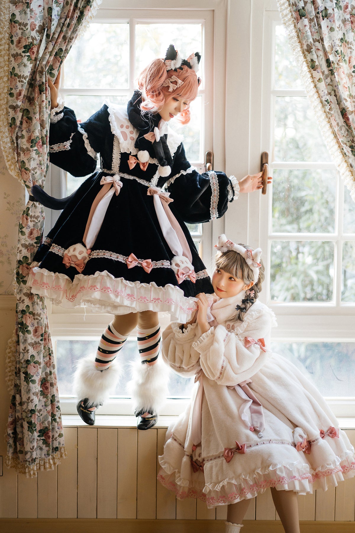 Winter Warm Plush Thick Paw Print Bow Lace Pink Black White Dress - Sugarplum Store