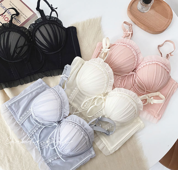 Sweet Soft Angel Moonlight Lace Ribbon Bow Lingerie Bra Panties Set - Sugarplum Store