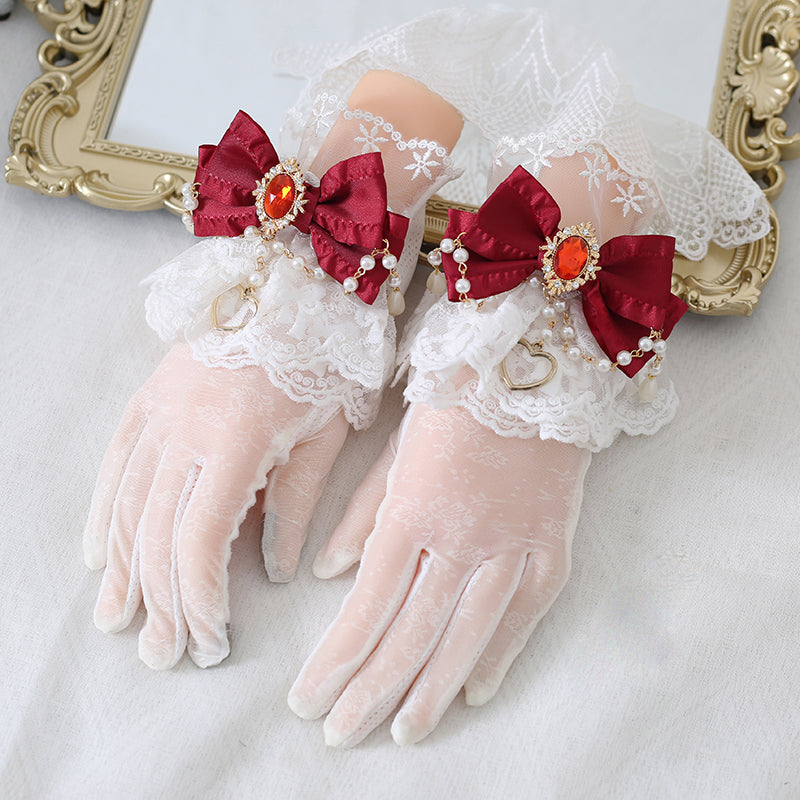 Elegant Pretty Lace Bow Diamond Gemstone Gloves - Sugarplum Store