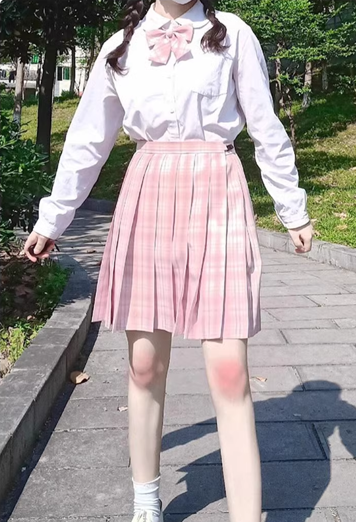 Plaid Pink Cherry Blossom Sakura Japanese Student Sailor Uniform Seifuku White Shirt & Skirt & Bow Tie Two Piece Set - Sugarplum Store