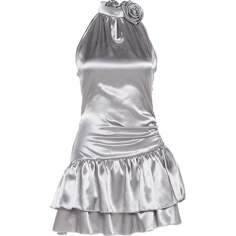 Flower Halter Neck Collar Hot Sexy Silver Summer Night Party Short Dress - Sugarplum Store